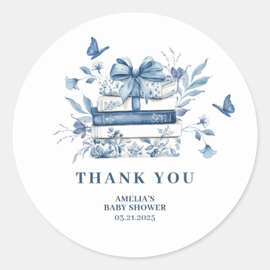 Sticker Rond Dusty Blue Chinoiserie New chapter Baby Shower (Devant)