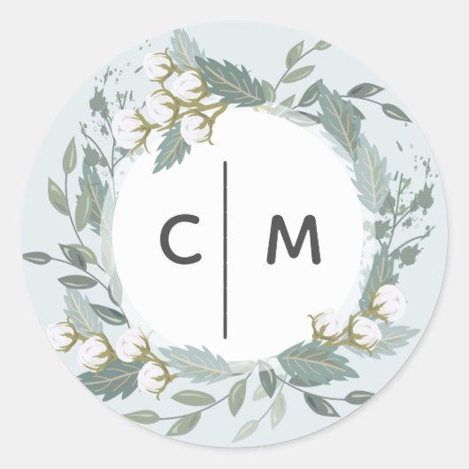 Sticker Rond Dusty Blue Cotton Garden Wreath Monogram Mariage (Devant)