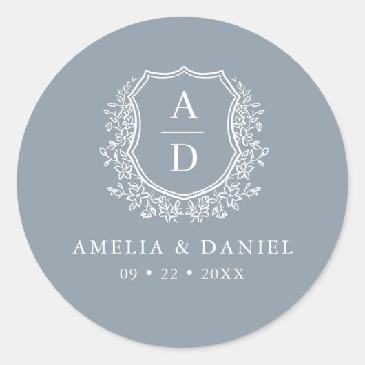 Sticker Rond Dusty Blue Crest Moderne Monogramme Mariage