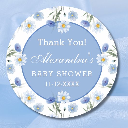Sticker Rond Dusty Blue Floral Boho Baby shower Merci