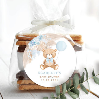 Sticker Rond Dusty Blue Floral Boho Teddy Bear Baby shower