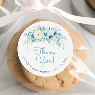 Sticker Rond Dusty Blue Floral Élégant Merci de Baby shower