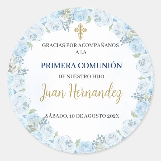 Sticker Rond Dusty Blue Floral First Comunion Invitation (Devant)