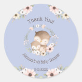 Sticker Rond Dusty Blue Floral Forest Owl Baby shower Merci (Devant)