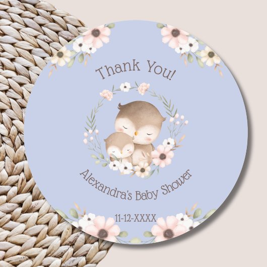 Sticker Rond Dusty Blue Floral Forest Owl Baby shower Merci