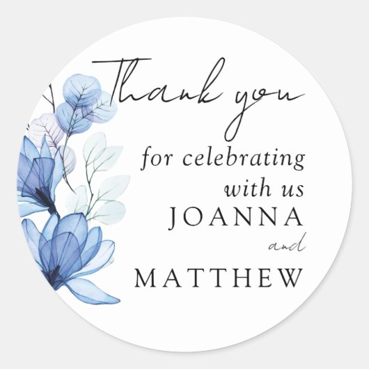 Sticker Rond Dusty Blue Floral Wedding Favoriser le Merci (Devant)