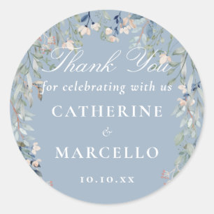 Sticker Rond Dusty Blue Floral Wedding Favoriser le Merci