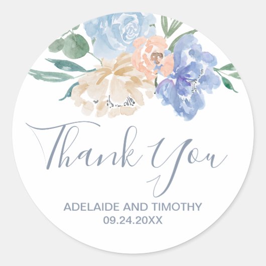 Sticker Rond Dusty Blue Florals Merci Mariage Faveur (Devant)
