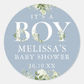 Sticker Rond Dusty Blue Greenery Floral Son Baby shower Garçon (Devant)