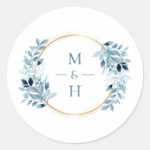 Sticker Rond Dusty Blue Greenery Modern Monogram Wedding (Devant)
