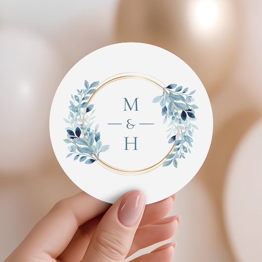 Sticker Rond Dusty Blue Greenery Modern Monogram Wedding