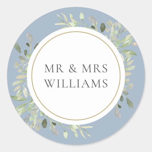 Sticker Rond Dusty Blue Greenery MR & MRS Mariage (Devant)
