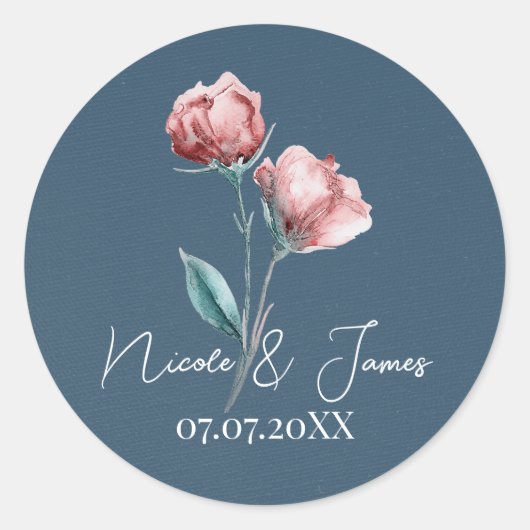 Sticker Rond Dusty Blue Grey Moderne Aquarelle Mariage Floral (Devant)