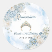 Sticker Rond Dusty Blue Ivory Fleurs Roses Quinceanera Annivers (Devant)