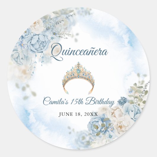 Sticker Rond Dusty Blue Ivory Fleurs Roses Quinceanera Annivers (Devant)