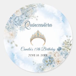 Sticker Rond Dusty Blue Ivory Fleurs Roses Quinceanera Annivers