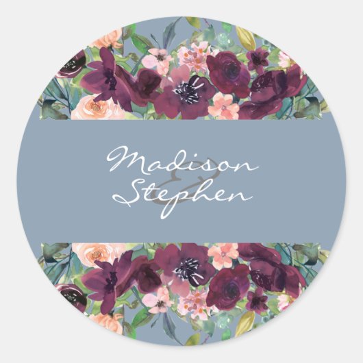 Sticker Rond Dusty Blue | Mariage Floral d'aquarelle Bourgogne (Devant)
