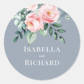 Sticker Rond Dusty Blue | Mariage floral rose pâle (Devant)