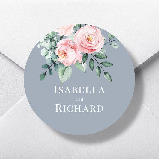 Sticker Rond Dusty Blue | Mariage floral rose pâle
