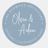 Sticker Rond Dusty Blue Mariage manuscrit Adresse de retour (Devant)