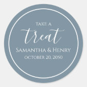 Sticker Rond Dusty Blue Mariage Simple Calligraphie Script Trea (Devant)