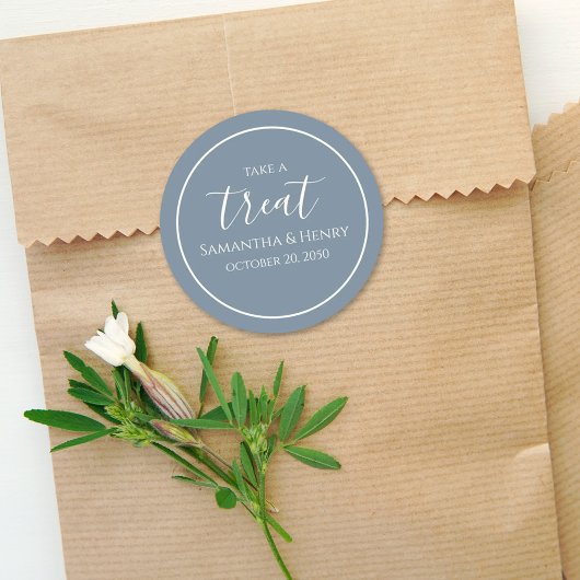 Sticker Rond Dusty Blue Mariage Simple Calligraphie Script Trea