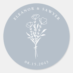 Sticker Rond Dusty Blue Minimalist Floral Bouquet Mariage