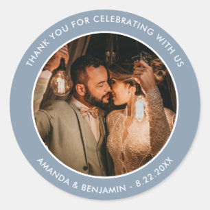 Sticker Rond Dusty Blue Modern Merci Photo Mariage Favor