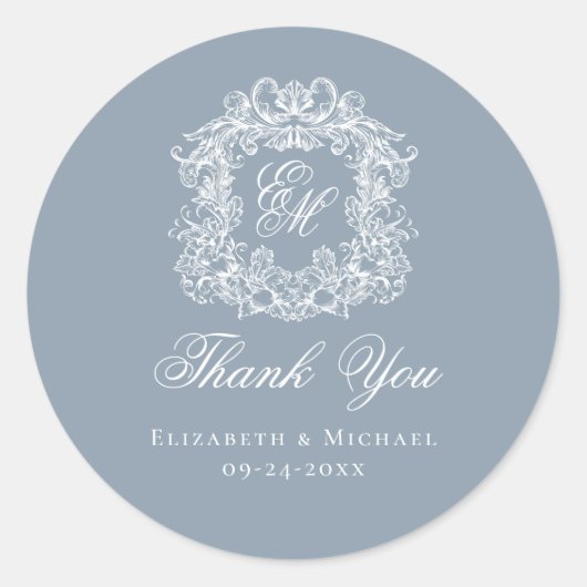 Sticker Rond Dusty Blue Monogram Wedding Crest Thank You (Devant)