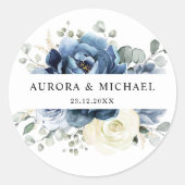 Sticker Rond Dusty Blue Navy Champagne Ivory Floral Mariage (Devant)