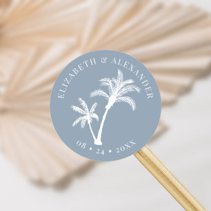 Sticker Rond Dusty Blue Palm Tree Beach Mariage tropical