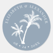 Sticker Rond Dusty Blue Palm Tree Beach Mariage tropical (Devant)