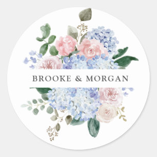 Sticker Rond Dusty Blue Pastel Rose hydrangea Mariage Merci