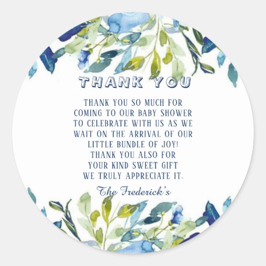 Sticker Rond Dusty Blue Peonies garçon Baby shower Merci (Devant)
