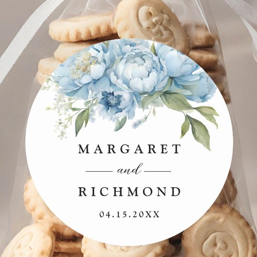 Sticker Rond Dusty Blue Peony Elegant Mariage aquarelle