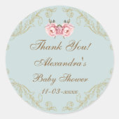 Sticker Rond Dusty Blue Rococo Peony Baby shower Merci (Devant)