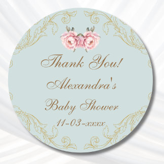 Sticker Rond Dusty Blue Rococo Peony Baby shower Merci