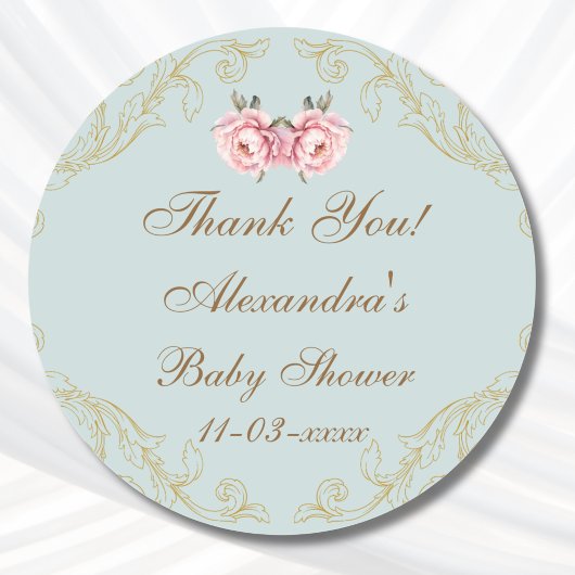 Sticker Rond Dusty Blue Rococo Peony Baby shower Merci