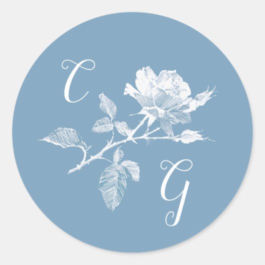 Sticker Rond Dusty Blue Rose Line Art Monogram Wedding (Devant)
