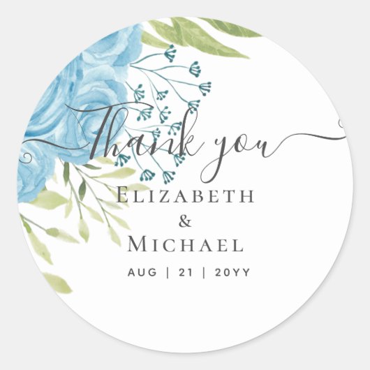 Sticker Rond Dusty Blue Roses Lime Budget Mariage Feuille (Devant)