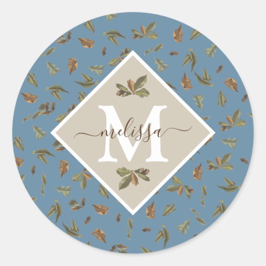 Sticker Rond Dusty Blue Rustic Feuilles Brown Monogramme (Devant)