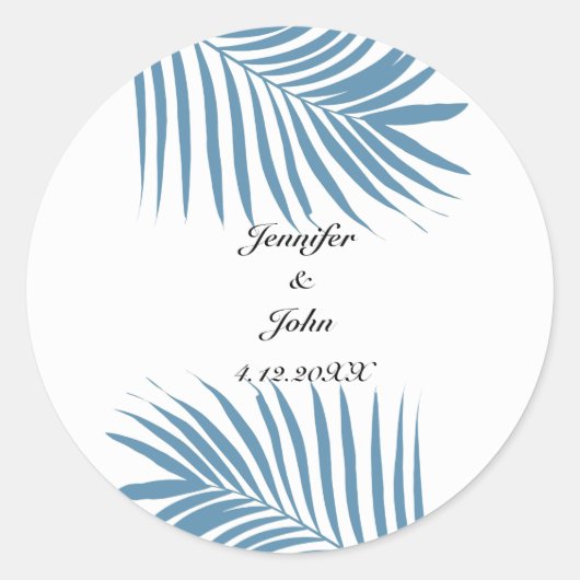Sticker Rond Dusty Blue Tropical Palm Tree Feuilles Nom Mariage (Devant)