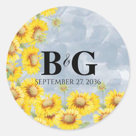 Sticker Rond Dusty Blue Watercolor Sunflowers Monogram Mariage (Devant)