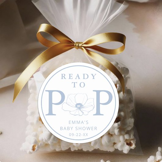 Sticker Rond Dusty Blue Wildflower Ready to Pop Baby Shower 