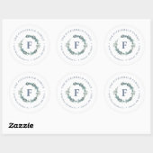 Sticker Rond Dusty Blue Wreath Monogramme Adresse de retour (Feuille)