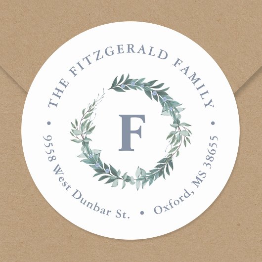 Sticker Rond Dusty Blue Wreath Monogramme Adresse de retour