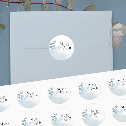 Sticker Rond Dusty Eucalyptus Élégant Mariage monogramme