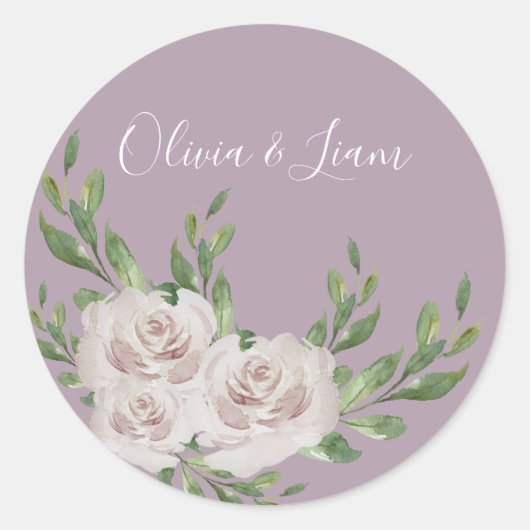 Sticker Rond Dusty Lavender Floral Élégant Mariage Script (Devant)