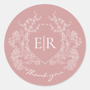 Sticker Rond Dusty Pink Fleurs Armoiries Monogram Merci Mariage