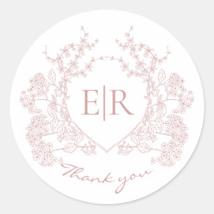 Sticker Rond Dusty Pink Floral Crest Monogram Merci Mariage